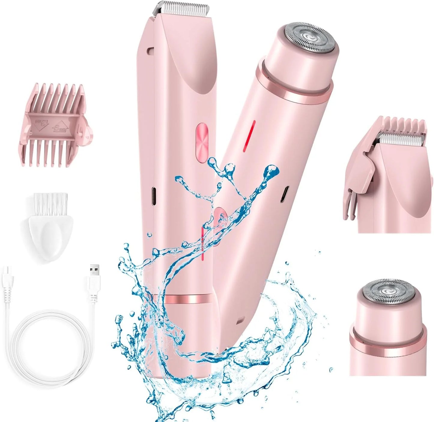 Electric Razors for Women,2 in 1 Bikini Shaver Trimmer for Women,Ipx7 Waterproof Rechargeable Dusk Razor, Body Painless Razor for Face Leg Underarm Arm Pink