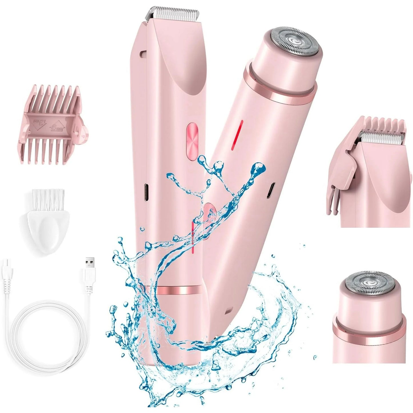 Electric Razors for Women,2 in 1 Bikini Shaver Trimmer for Women,Ipx7 Waterproof Rechargeable Dusk Razor, Body Painless Razor for Face Leg Underarm Arm Pink