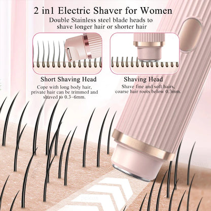 Women'S Electric Shaver 2-In-1 Bikini Area Hair Trimmer Cordless Waterproof Rechargeable Wet/Dry Use Dual-Head Detachable Razor